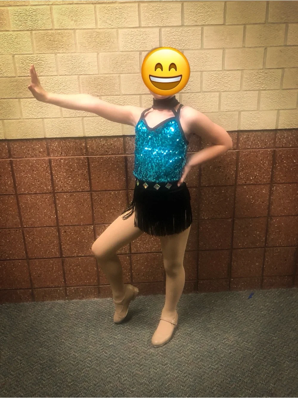 Weissman Teal Sequin Dance Costume with Black Fringe